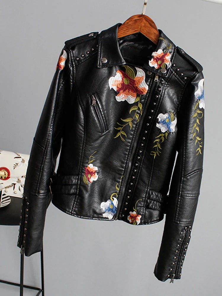 Donovo™ | Lederjacke mit Blumenstickerei