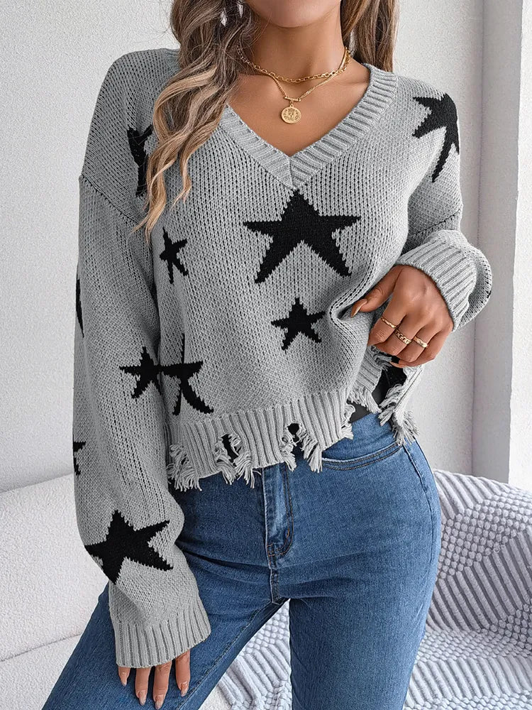 Frecher Zerrissener Pullover Mit Sternmuster Für Mutigen Stil Für Frauen